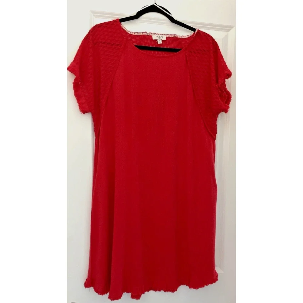 Umgee‎ Red Linen Blend Dress Women S Frayed Hem Boho Lagenlook Relaxed Fit